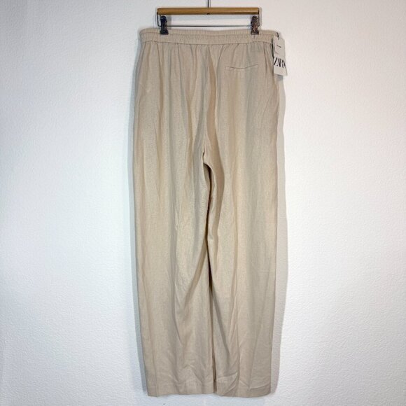 Zara Linen Wide Leg Drawstring Pants Beige Neutral Vacation Beach XL - Picture 4 of 13